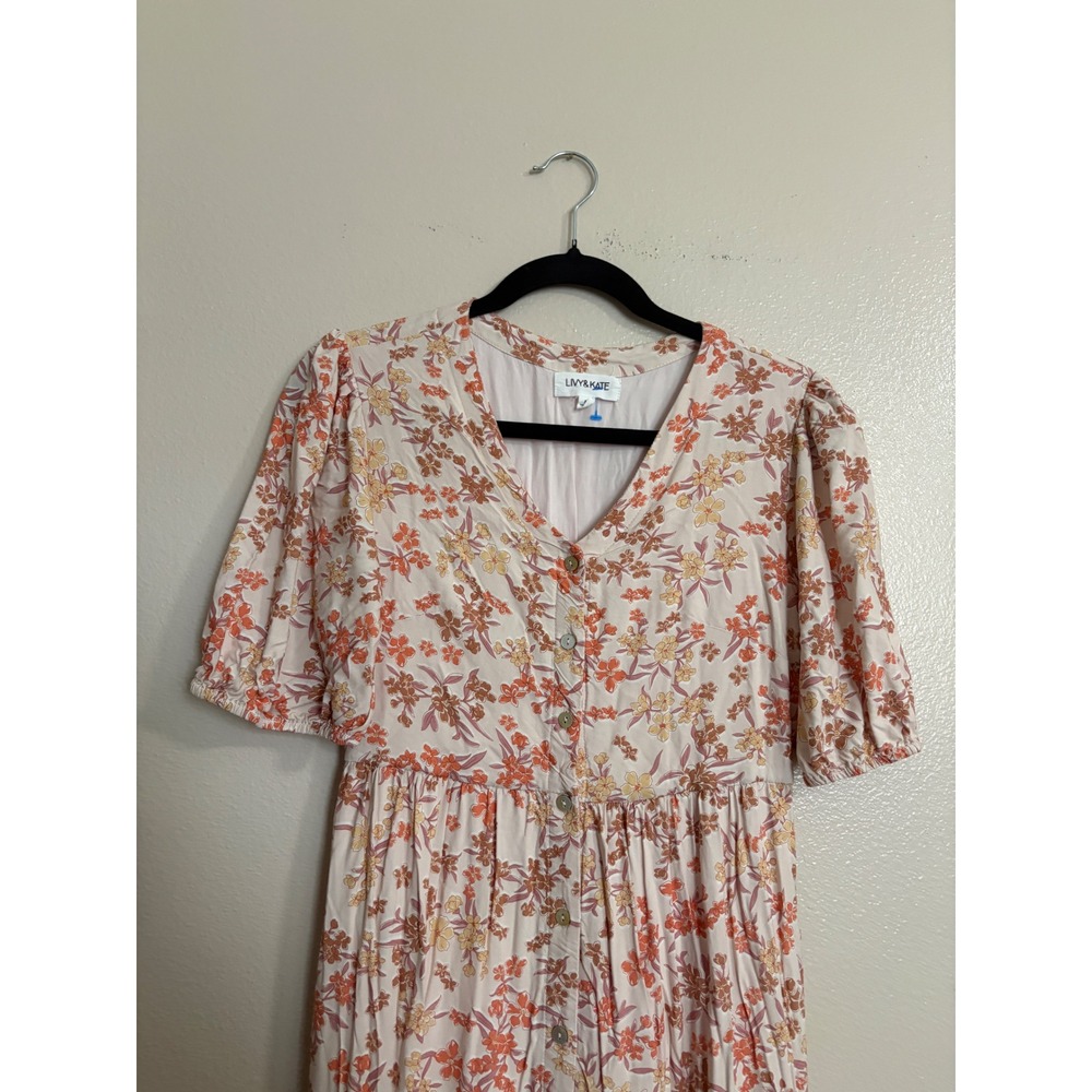 Livy & Kate Floral Tiered Midi Dress Women's Medium Pink Orange V-Neck Rayon